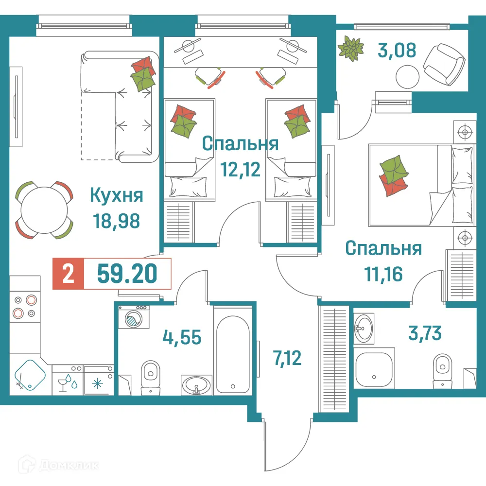 Планировка 2-комнатной квартиры 59.2 м² в ЖК "Графика", г. Мурино — фото 1