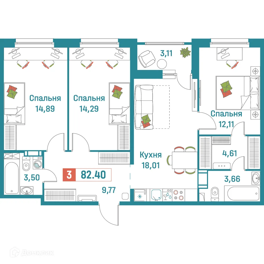 Планировка 3-комнатной квартиры 82.4 м² в ЖК "Графика", г. Мурино — фото 1