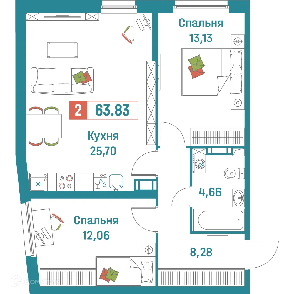Планировка 2-комнатной квартиры 63.83 м² в ЖК "Графика", г. Мурино — фото 1