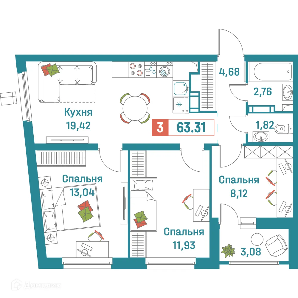 Планировка 3-комнатной квартиры 63.31 м² в ЖК "Графика", г. Мурино — фото 1
