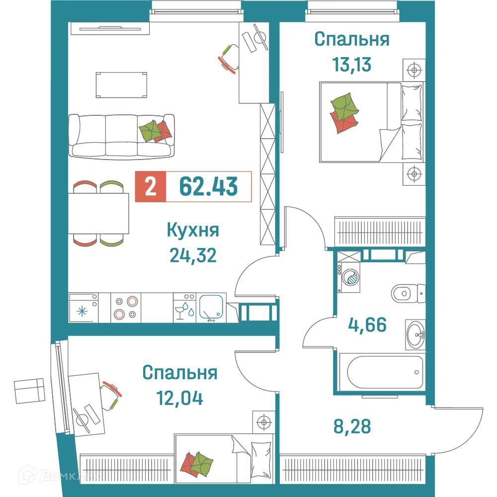 Планировка 2-комнатной квартиры 62.43 м² в ЖК "Графика", г. Мурино — фото 1