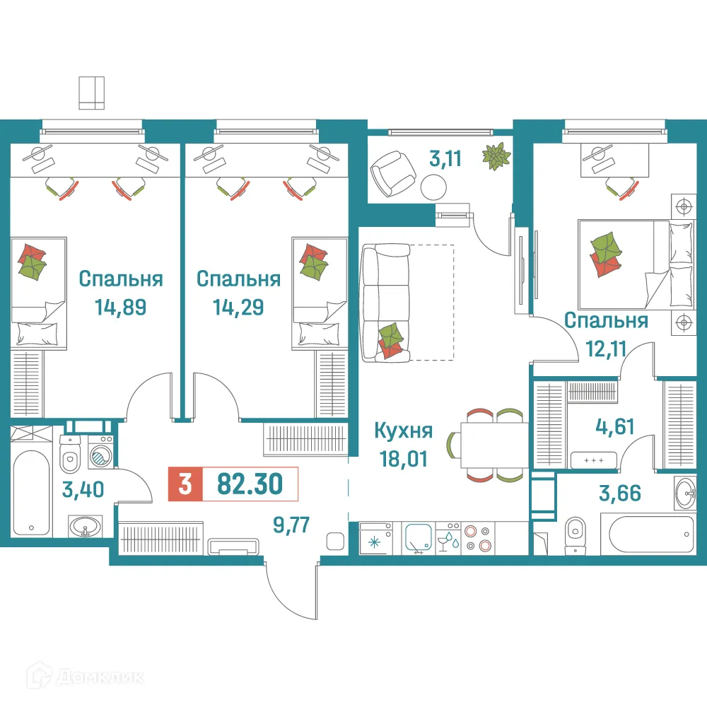 Планировка 3-комнатной квартиры 82.3 м² в ЖК "Графика", г. Мурино — фото 1