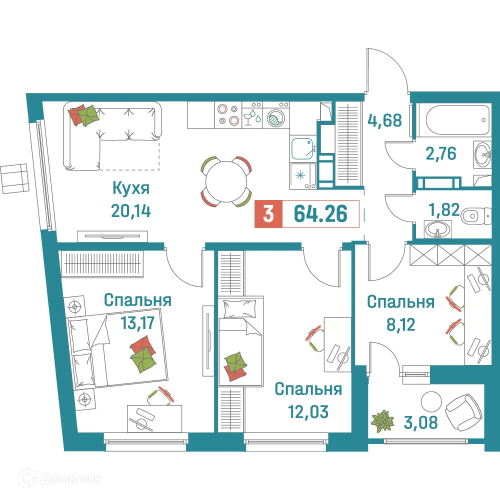 Планировка 3-комнатной квартиры 64.26 м² в ЖК "Графика", г. Мурино — фото 1