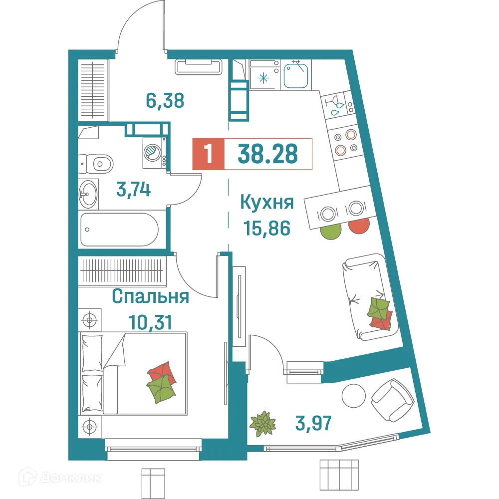 Планировка 1-комнатной квартиры 38.28 м² в ЖК "Графика", г. Мурино — фото 1