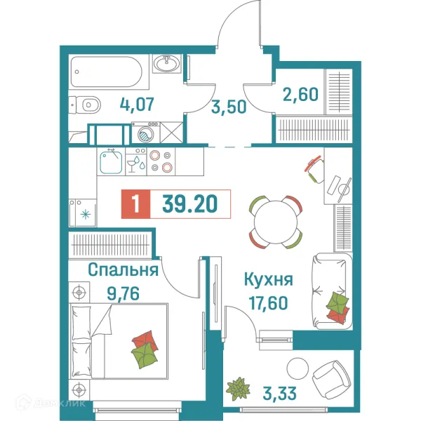 Планировка 1 комн. в ЖК "Графика"