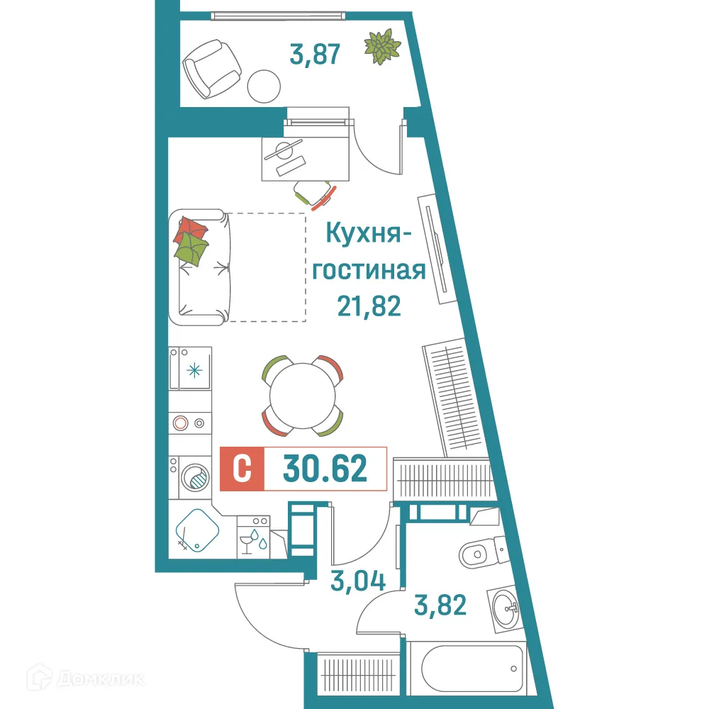 Планировка студии квартиры 30.62 м² в ЖК "Графика", г. Мурино — фото 1