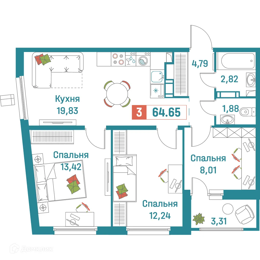 Планировка 3-комнатной квартиры 64.65 м² в ЖК "Графика", г. Мурино — фото 1