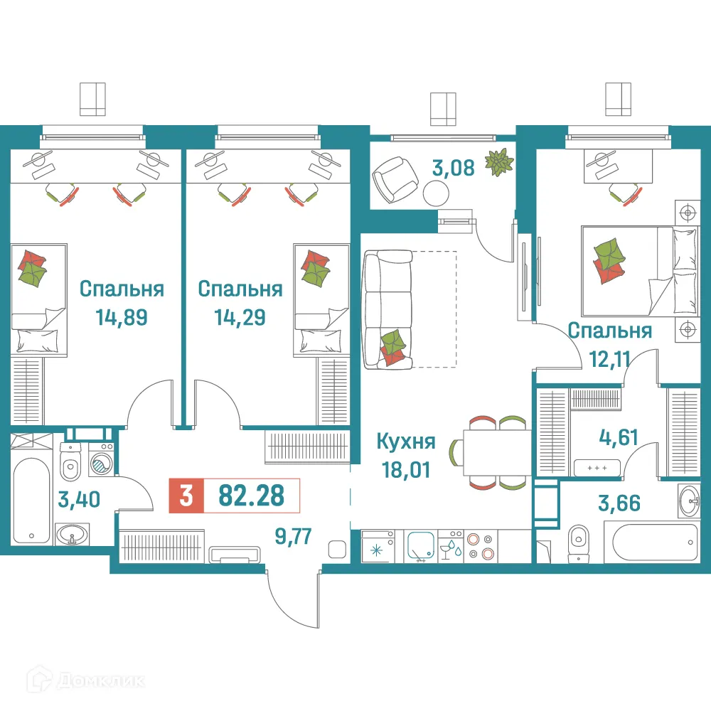Планировка 3-комнатной квартиры 82.28 м² в ЖК "Графика", г. Мурино — фото 1