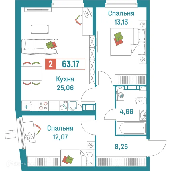 Планировка 2 комн. в ЖК "Графика"