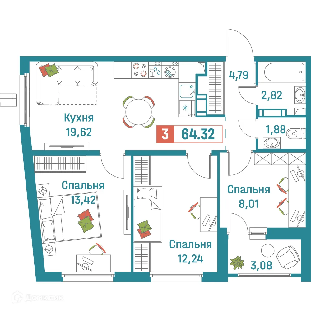 Планировка 3-комнатной квартиры 64.32 м² в ЖК "Графика", г. Мурино — фото 1