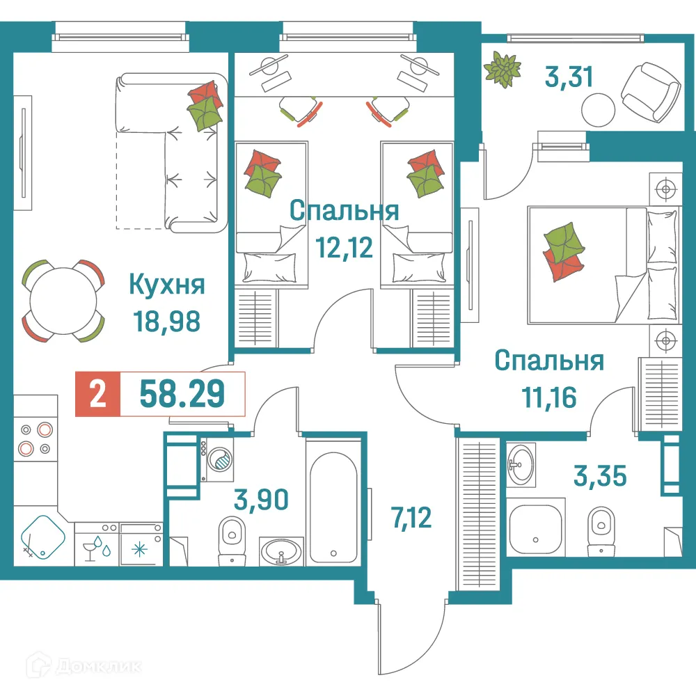 Планировка 2-комнатной квартиры 58.29 м² в ЖК "Графика", г. Мурино — фото 1