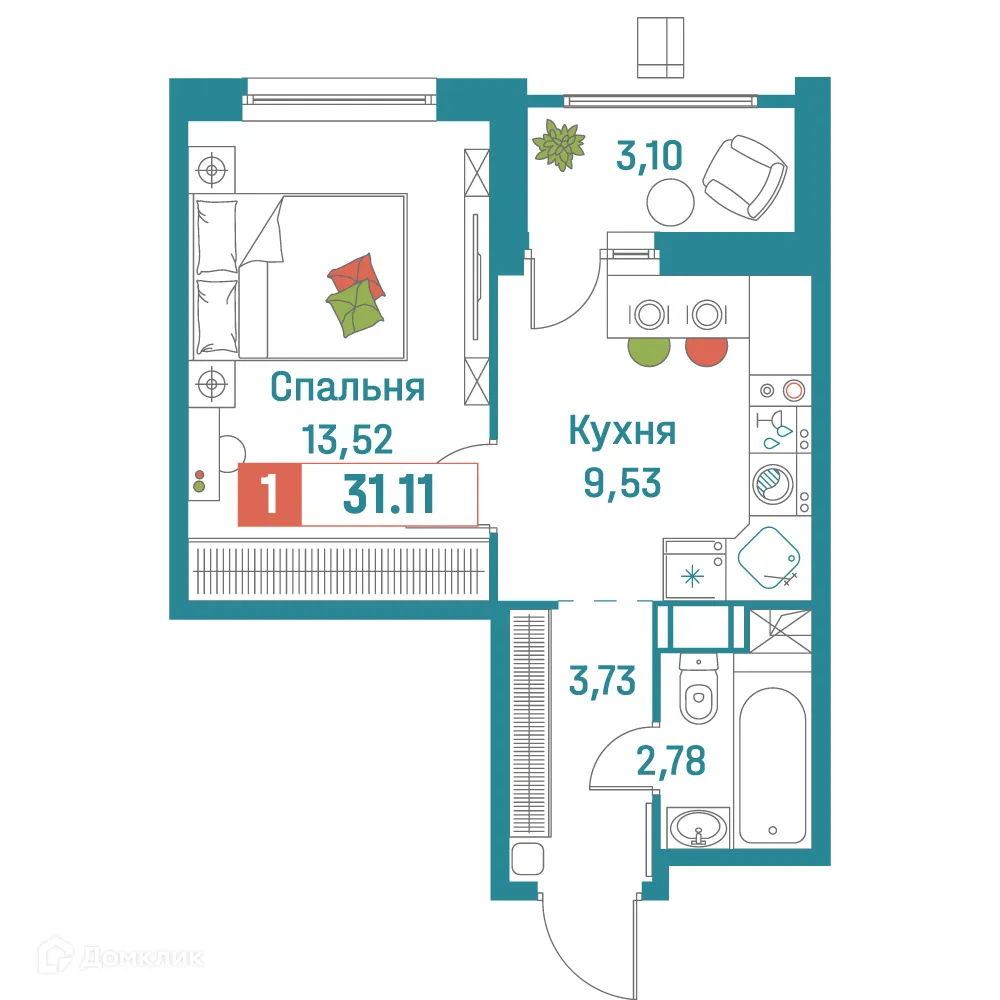 Планировка 1-комнатной квартиры 31.11 м² в ЖК "Графика", г. Мурино — фото 1