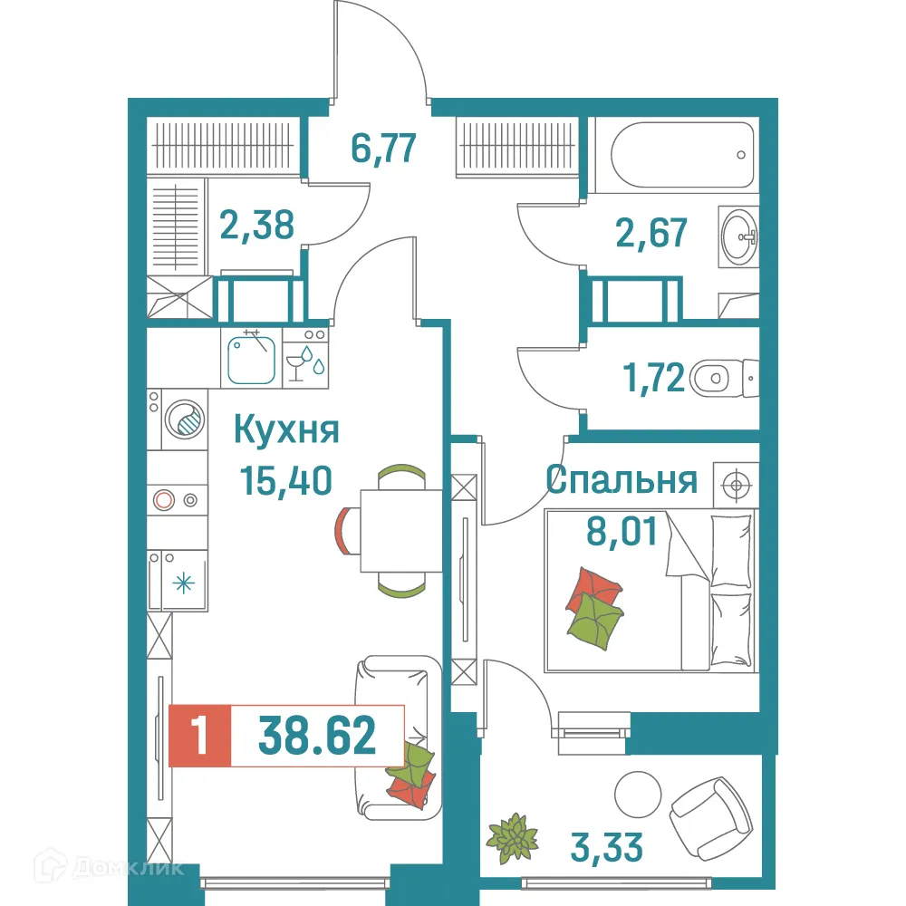 Планировка 1-комнатной квартиры 38.62 м² в ЖК "Графика", г. Мурино — фото 1