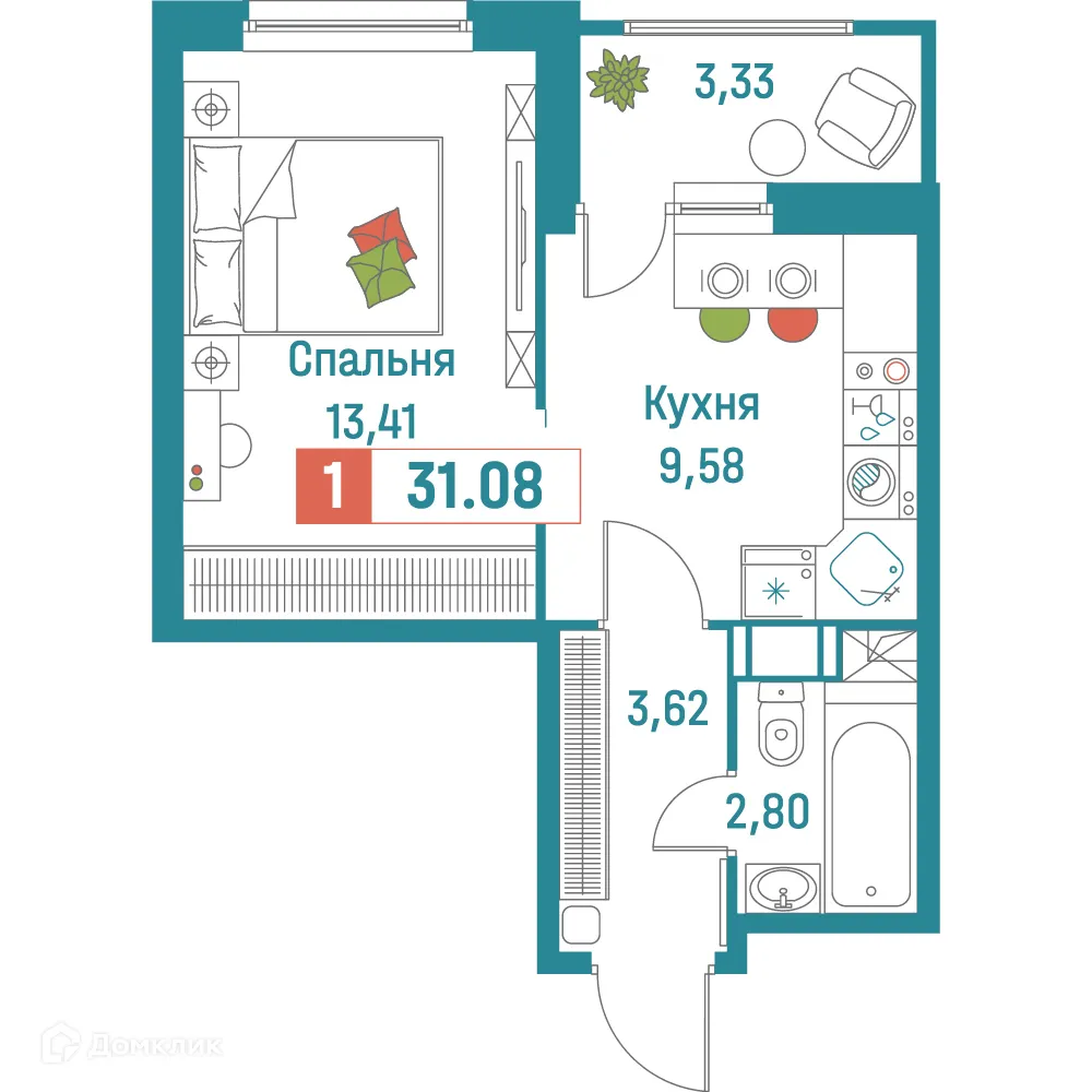 Планировка 1-комнатной квартиры 31.08 м² в ЖК "Графика", г. Мурино — фото 1