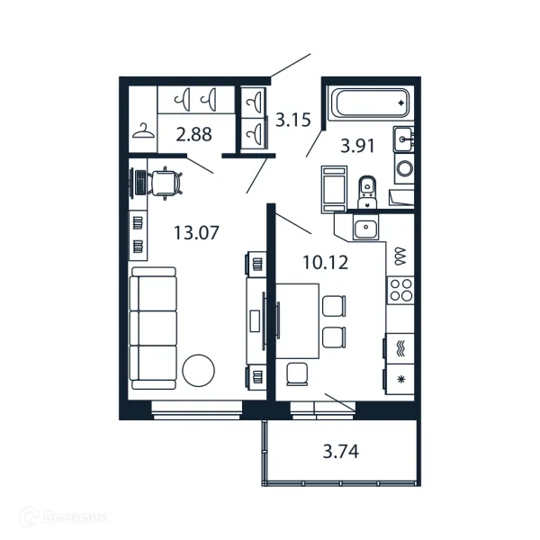 Планировка 1 комн. в ЖК "Полис ЛАВрики"