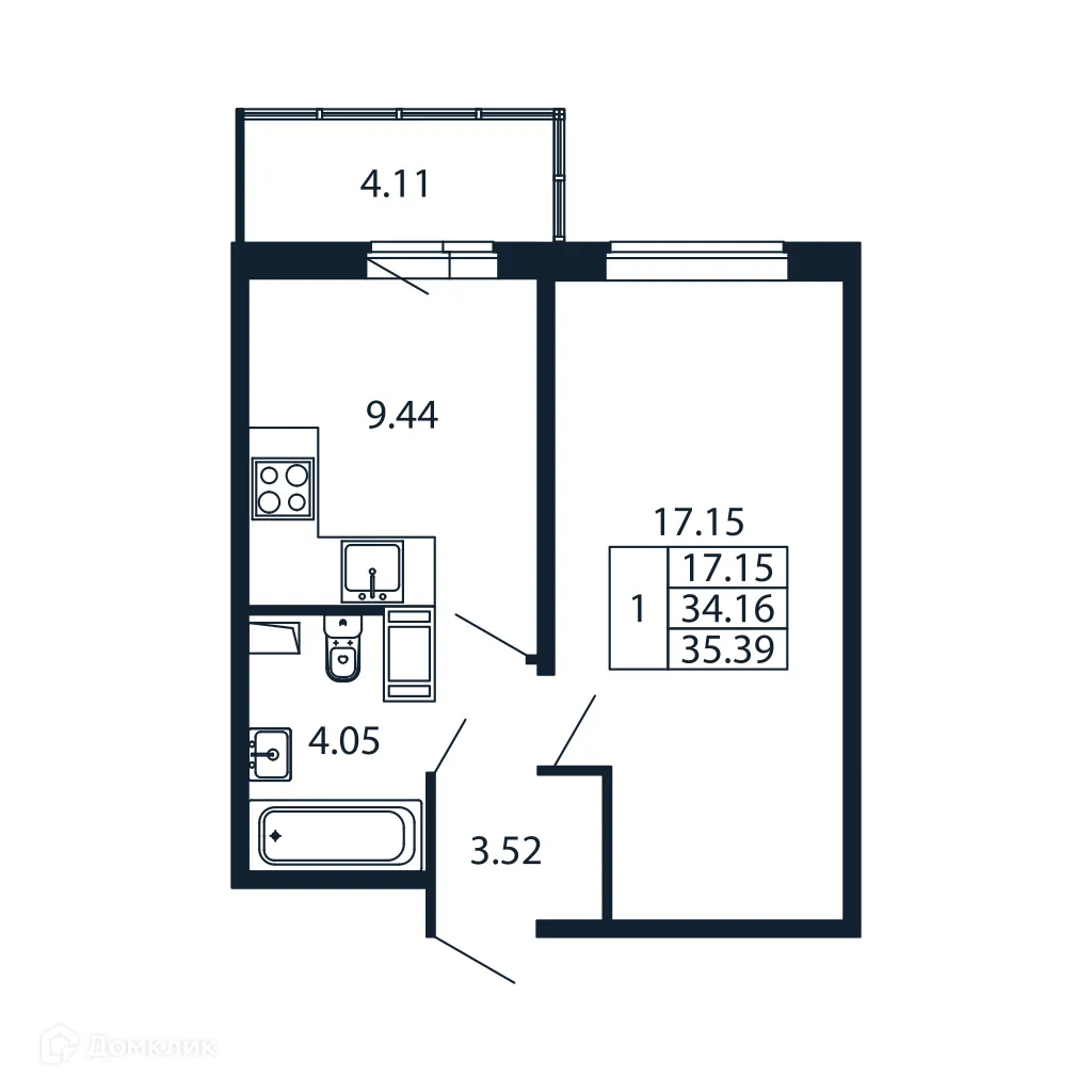 Планировка 1-комнатной квартиры 33.6 м² в ЖК "Полис ЛАВрики", г. Мурино — фото 4
