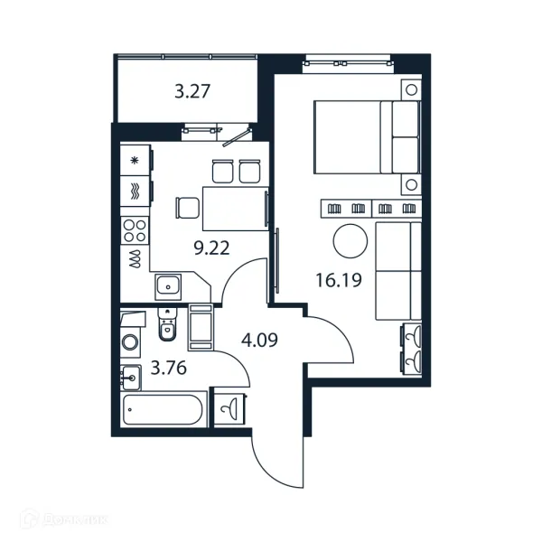 Планировка 1 комн. в ЖК "Полис ЛАВрики"