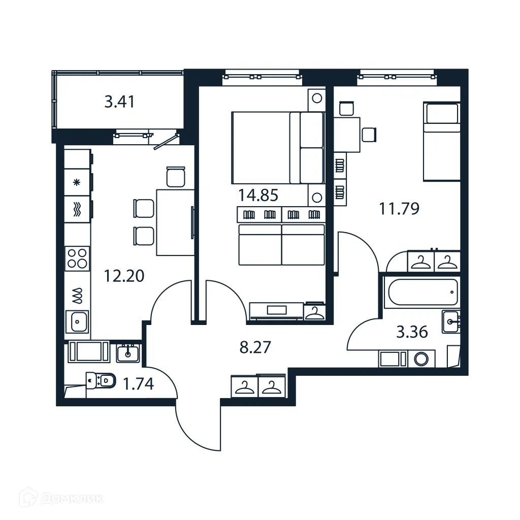 Планировка 2-комнатной квартиры 53.92 м² в ЖК "Полис ЛАВрики", г. Мурино — фото 1