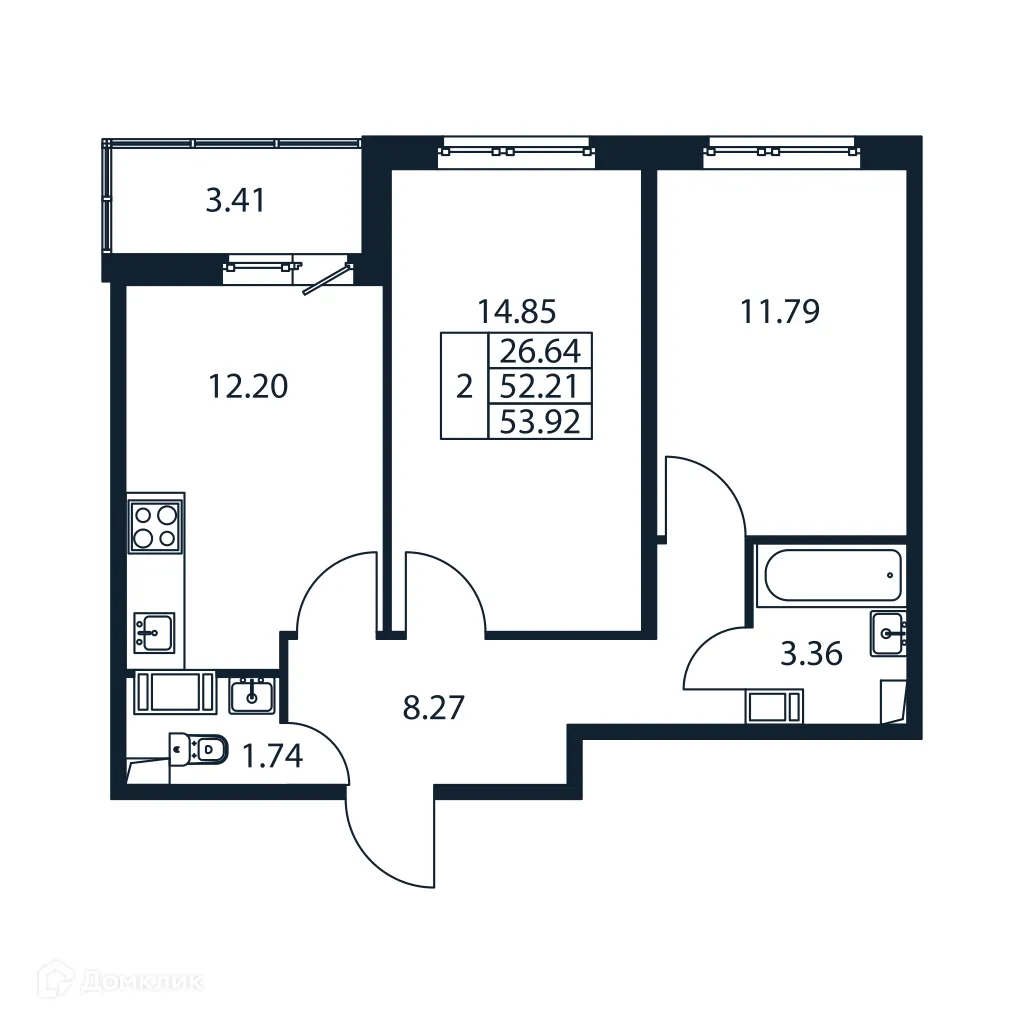 Планировка 2-комнатной квартиры 53.92 м² в ЖК "Полис ЛАВрики", г. Мурино — фото 4