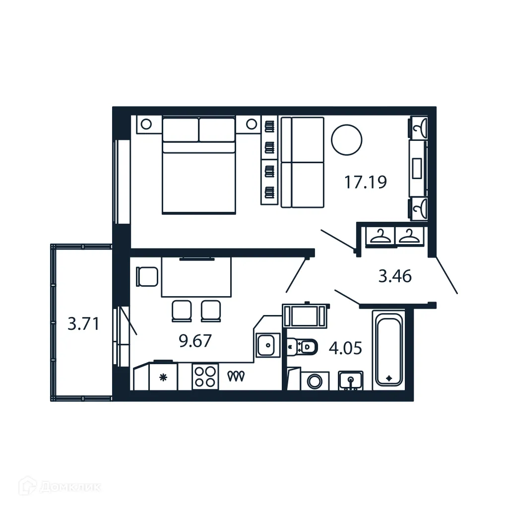 Планировка 1-комнатной квартиры 34.2 м² в ЖК "Полис ЛАВрики", г. Мурино — фото 1