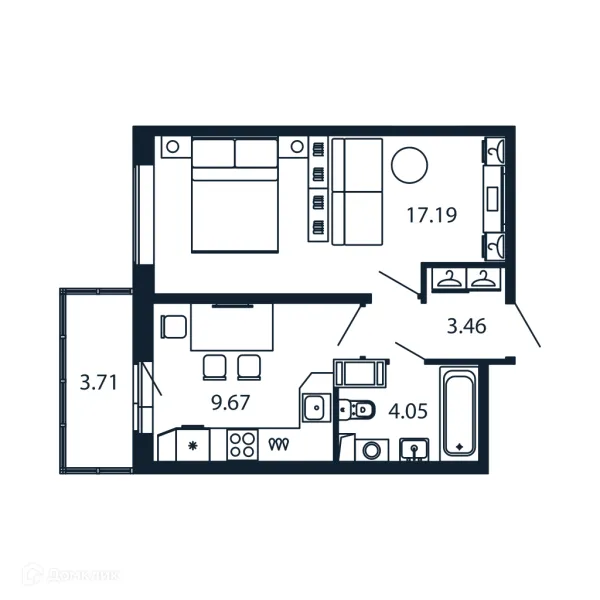 Планировка 1 комн. в ЖК "Полис ЛАВрики"