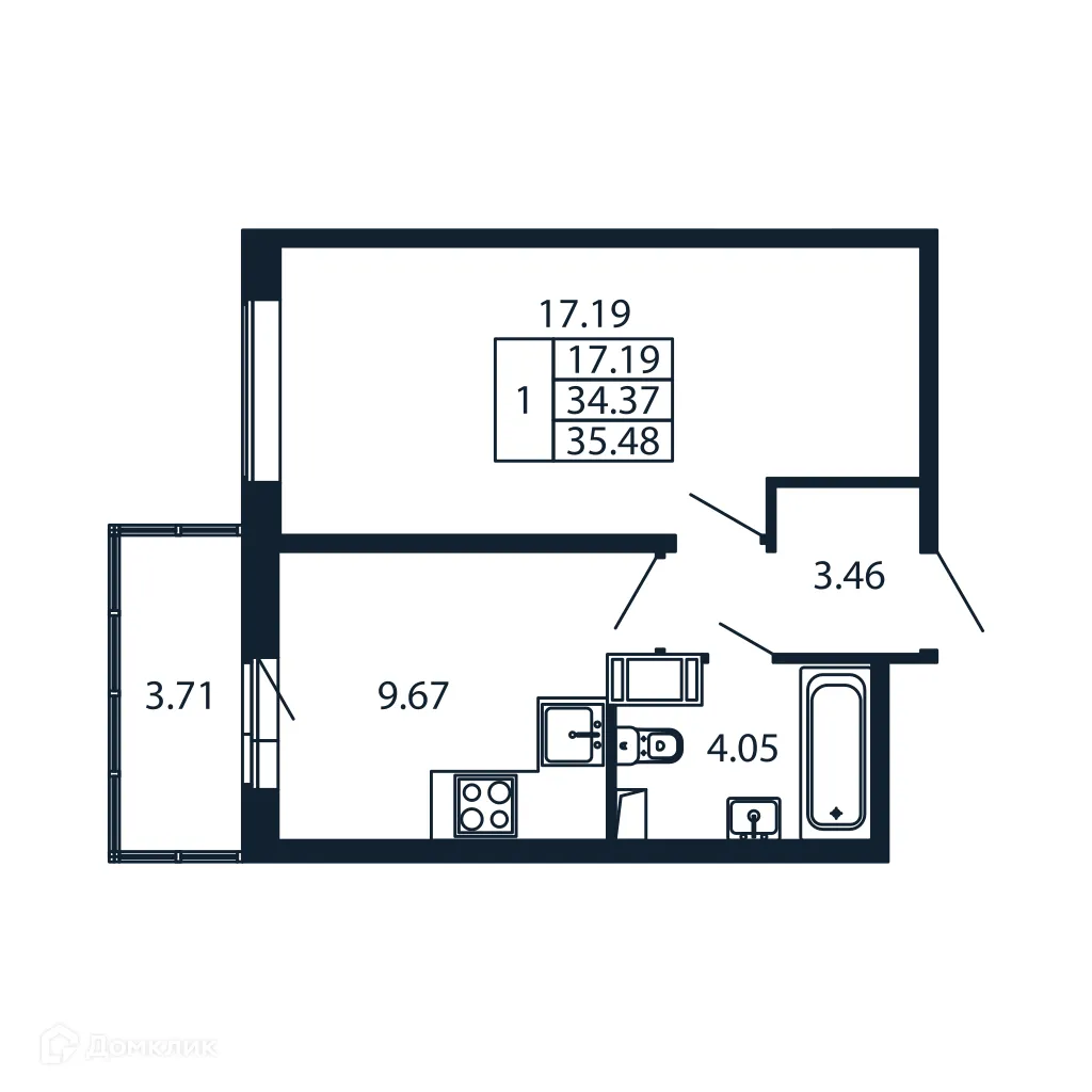 Планировка 1-комнатной квартиры 34.2 м² в ЖК "Полис ЛАВрики", г. Мурино — фото 4