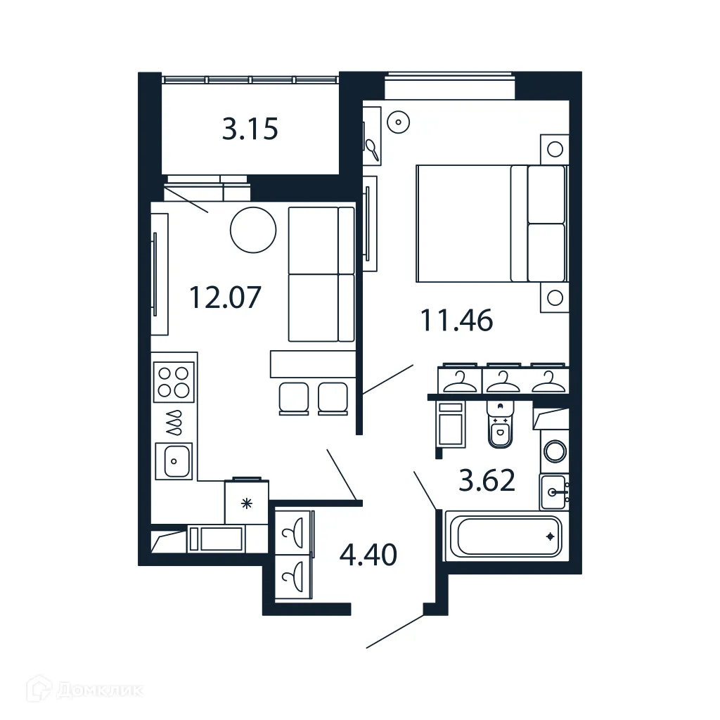 Планировка 1-комнатной квартиры 30.6 м² в ЖК "Полис ЛАВрики", г. Мурино — фото 1