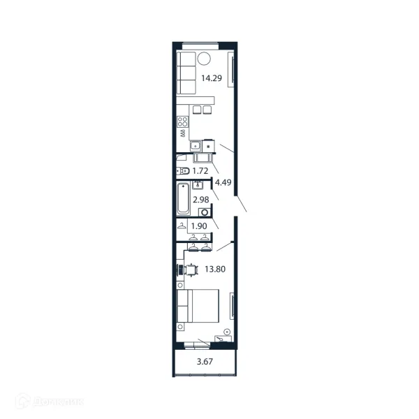 Планировка 1 комн. в ЖК "Полис ЛАВрики"