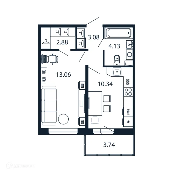 Планировка 1 комн. в ЖК "Полис ЛАВрики"