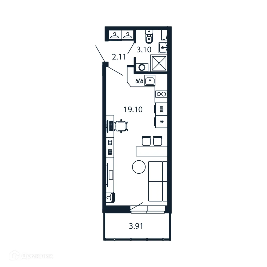 Планировка студии квартиры 24.1 м² в ЖК "Полис ЛАВрики", г. Мурино — фото 1