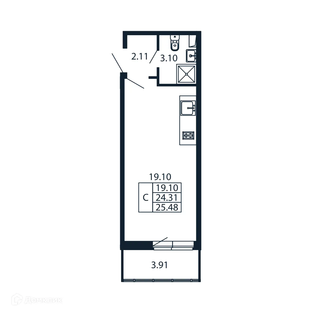 Планировка студии квартиры 24.1 м² в ЖК "Полис ЛАВрики", г. Мурино — фото 4