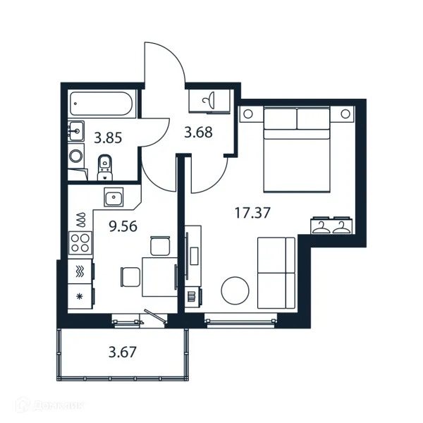 Планировка 1 комн. в ЖК "Полис ЛАВрики"
