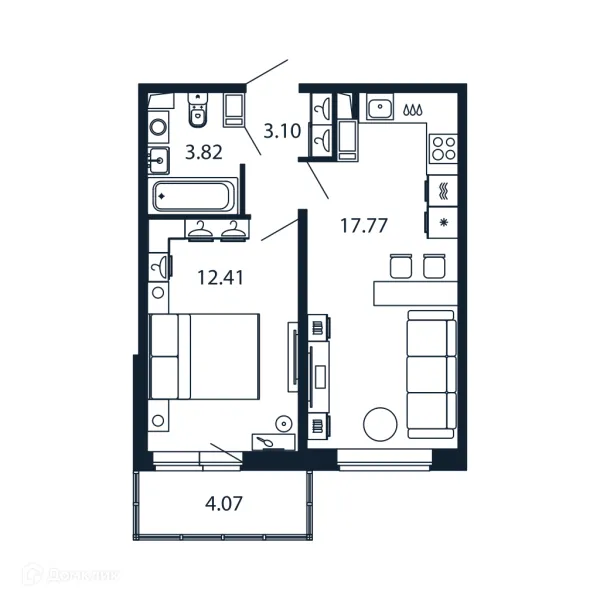 Планировка 1 комн. в ЖК "Полис ЛАВрики"
