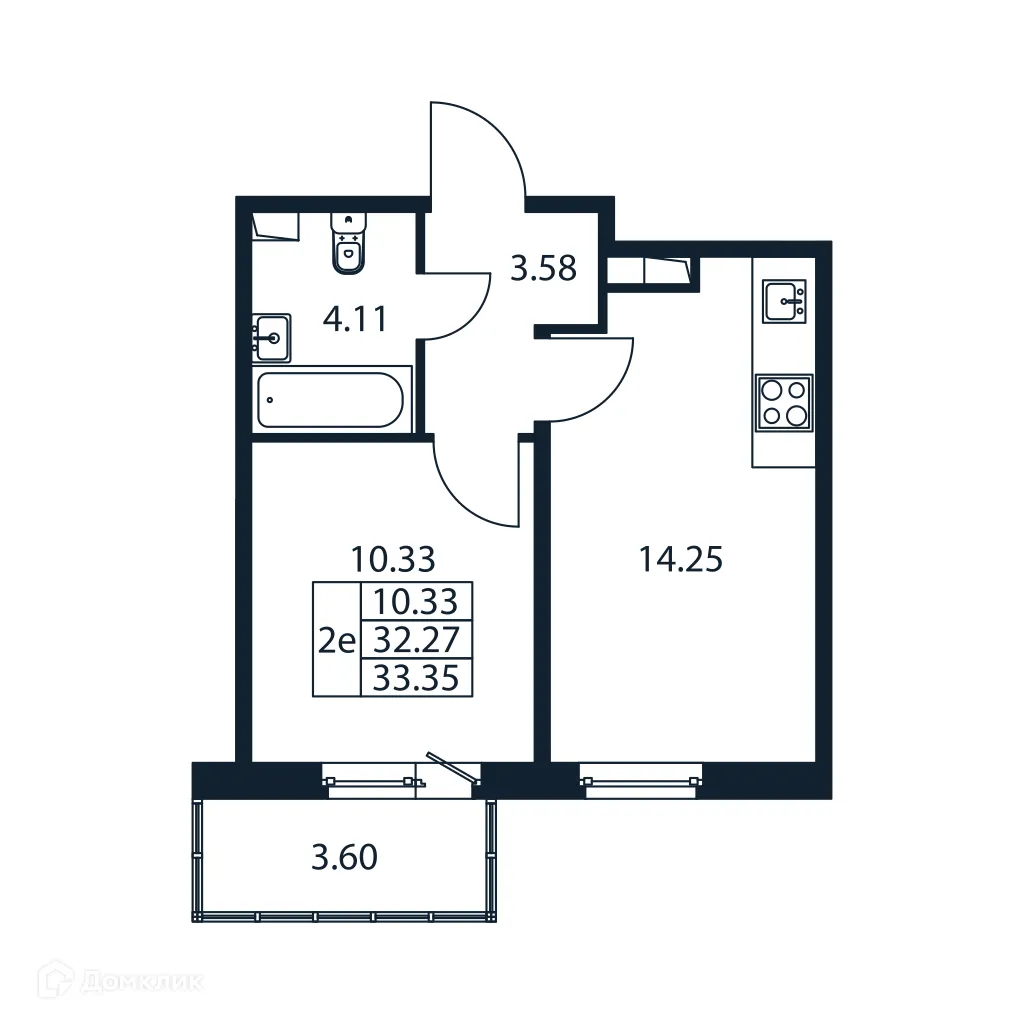 Планировка 1-комнатной квартиры 33.35 м² в ЖК "Полис ЛАВрики", г. Мурино — фото 4