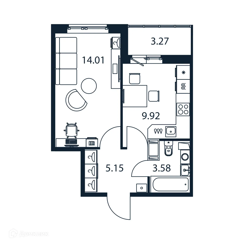 Планировка 1-комнатной квартиры 34.3 м² в ЖК "Полис ЛАВрики", г. Мурино — фото 1