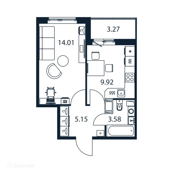Планировка 1 комн. в ЖК "Полис ЛАВрики"