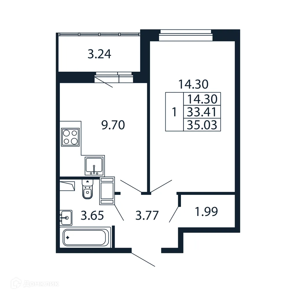 Планировка 1-комнатной квартиры 32.4 м² в ЖК "Полис ЛАВрики", г. Мурино — фото 4