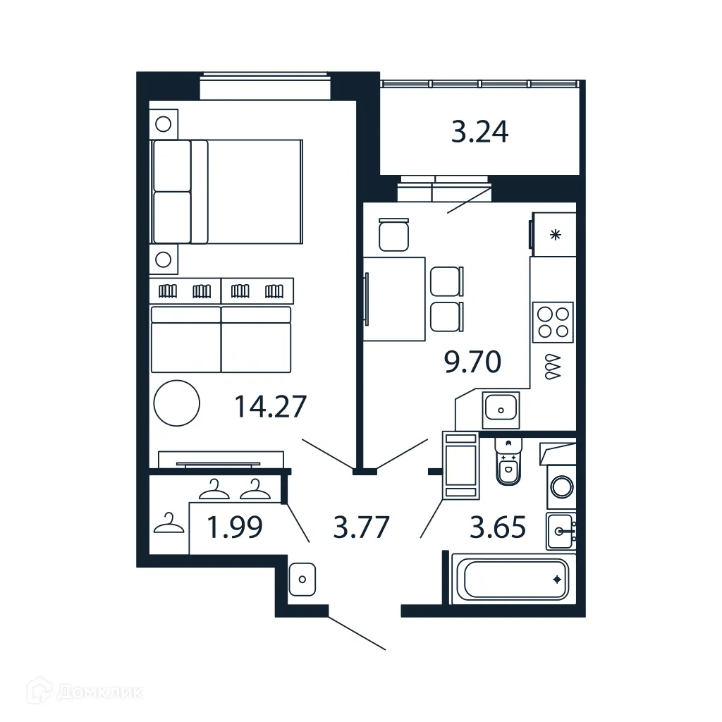 Планировка 1-комнатной квартиры 32.8 м² в ЖК "Полис ЛАВрики", г. Мурино — фото 1
