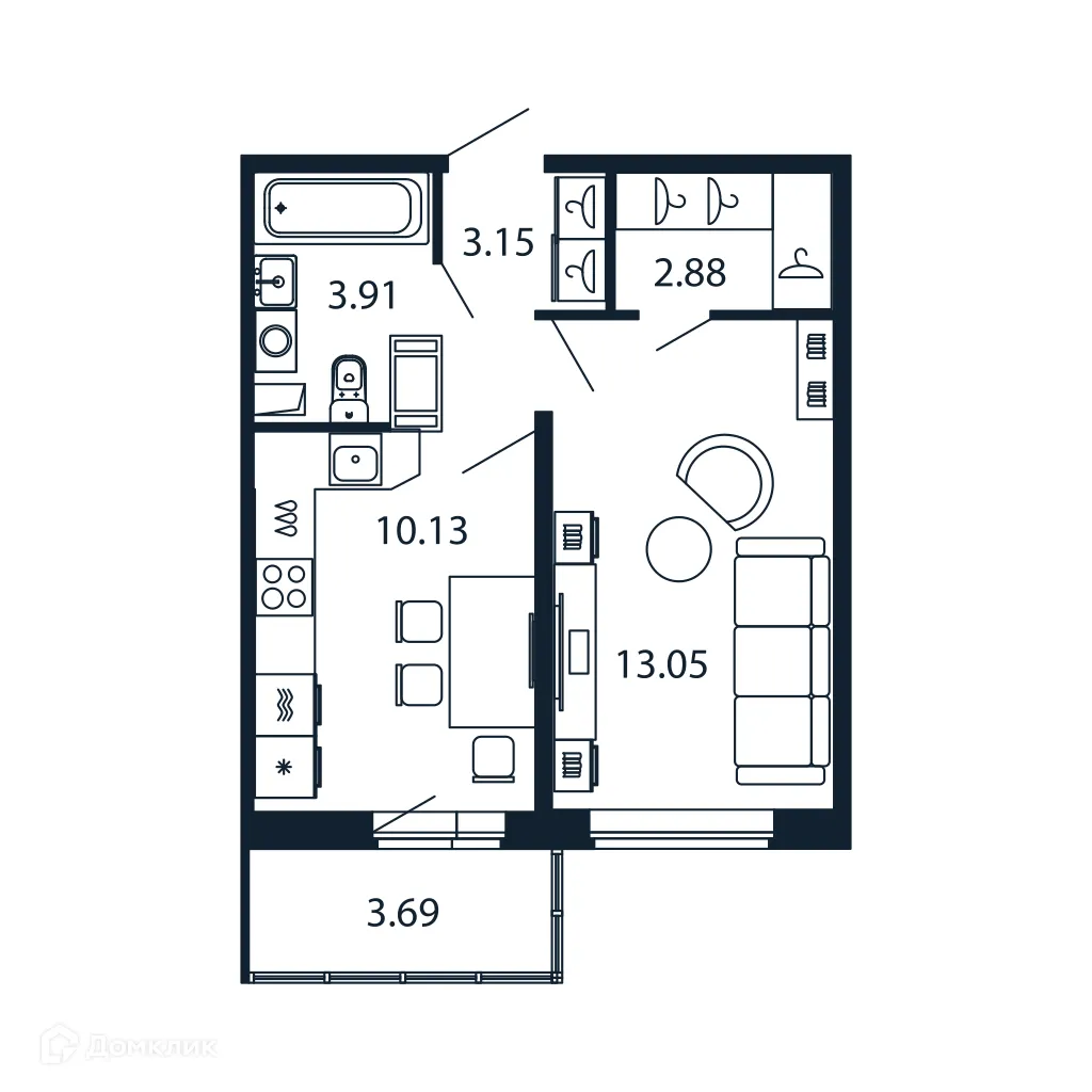 Планировка 1-комнатной квартиры 32.5 м² в ЖК "Полис ЛАВрики", г. Мурино — фото 1