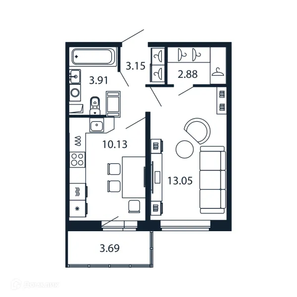 Планировка 1 комн. в ЖК "Полис ЛАВрики"