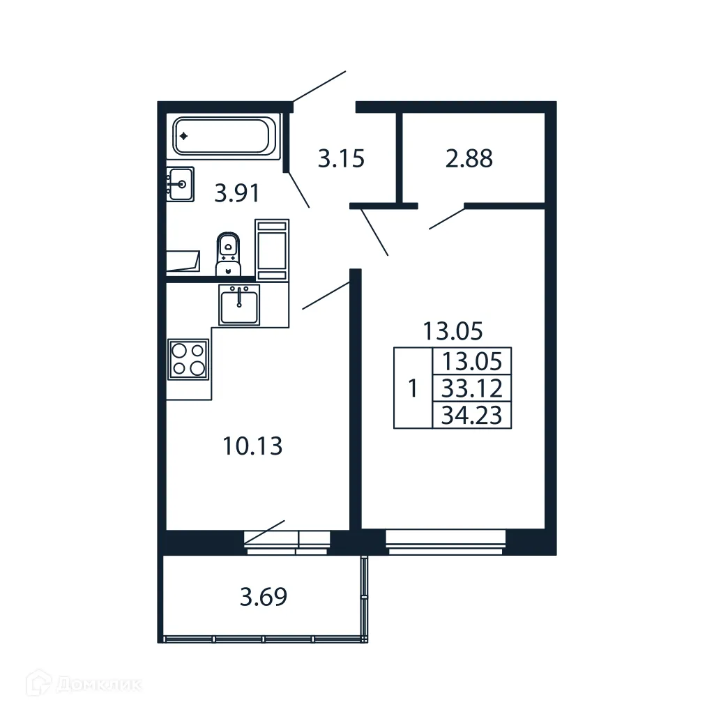 Планировка 1-комнатной квартиры 32.5 м² в ЖК "Полис ЛАВрики", г. Мурино — фото 4