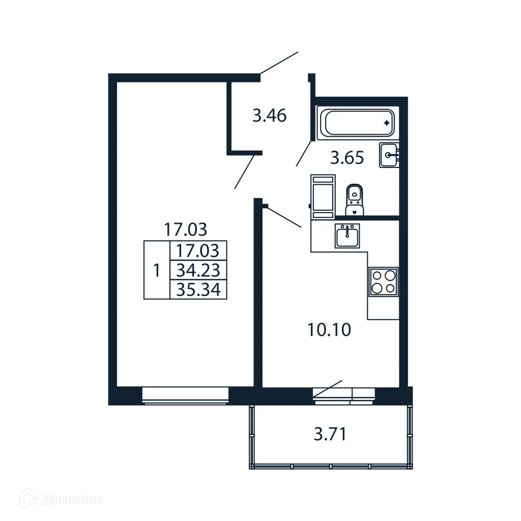 Планировка 1-комнатной квартиры 33.7 м² в ЖК "Полис ЛАВрики", г. Мурино — фото 4