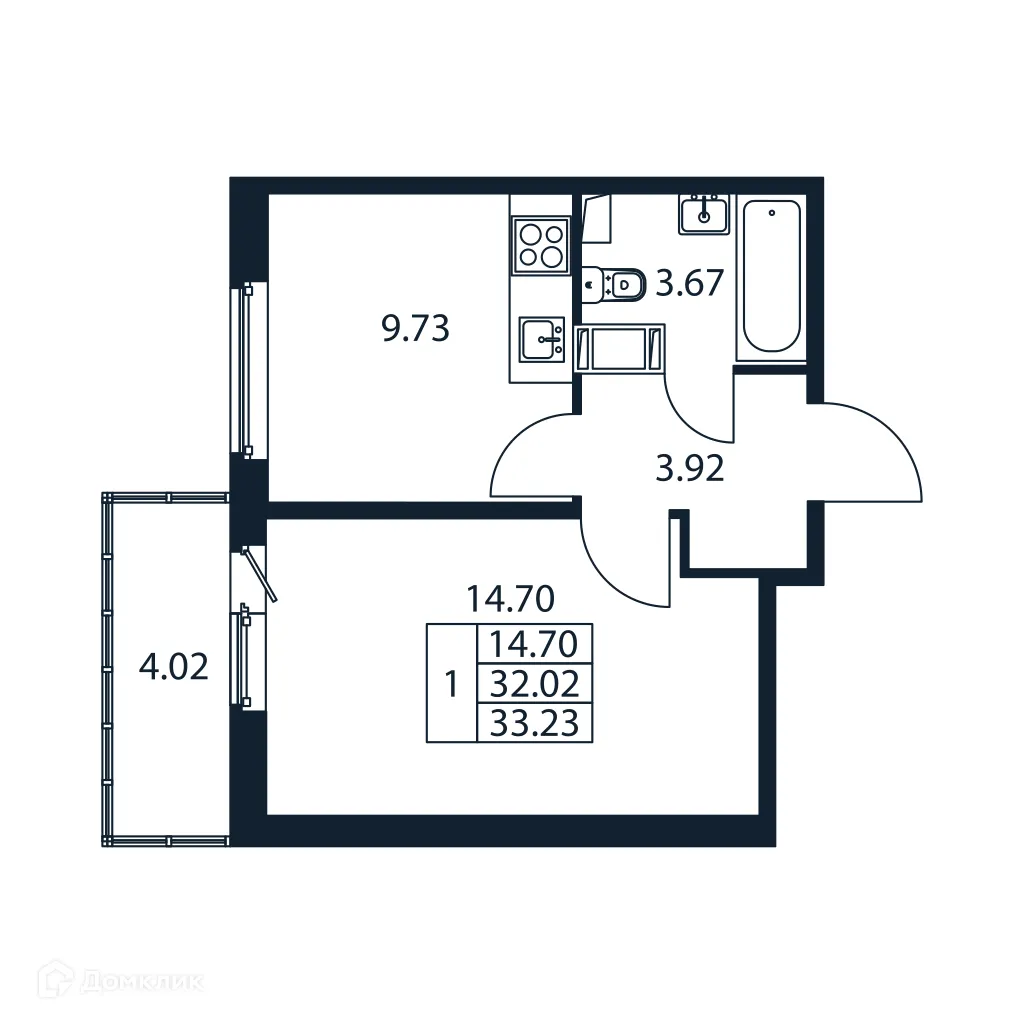 Планировка 1-комнатной квартиры 33.23 м² в ЖК "Полис ЛАВрики", г. Мурино — фото 4