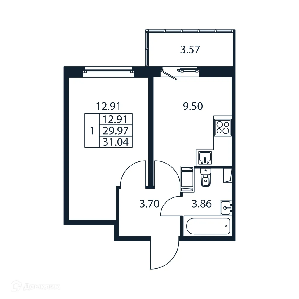 Планировка 1-комнатной квартиры 31.04 м² в ЖК "Полис ЛАВрики", г. Мурино — фото 4