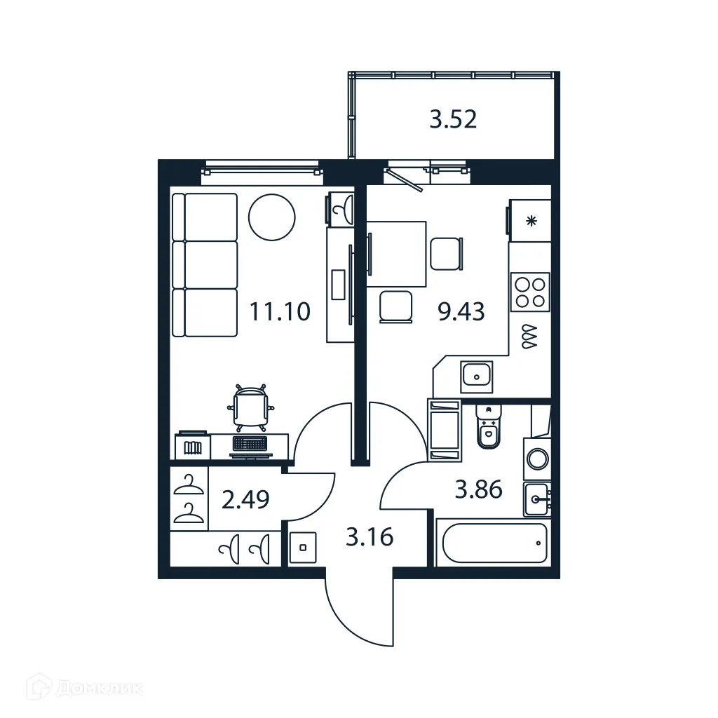 Планировка 1-комнатной квартиры 31.1 м² в ЖК "Полис ЛАВрики", г. Мурино — фото 1