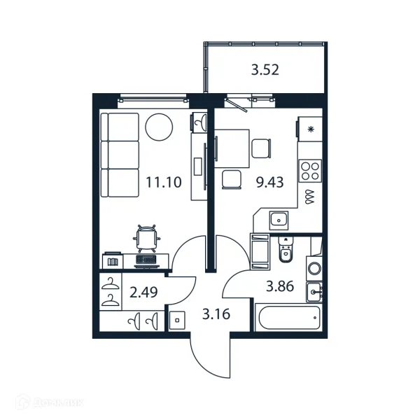 Планировка 1 комн. в ЖК "Полис ЛАВрики"