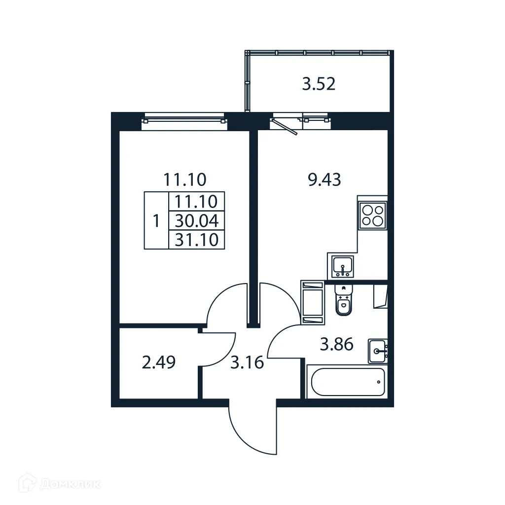 Планировка 1-комнатной квартиры 31.1 м² в ЖК "Полис ЛАВрики", г. Мурино — фото 4
