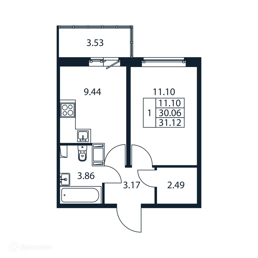 Планировка 1-комнатной квартиры 31.12 м² в ЖК "Полис ЛАВрики", г. Мурино — фото 4