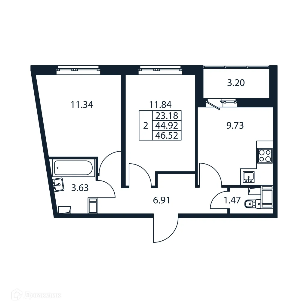 Планировка 2-комнатной квартиры 46.52 м² в ЖК "Полис ЛАВрики", г. Мурино — фото 4