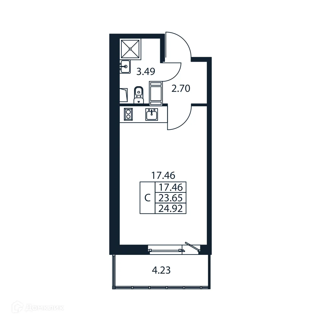 Планировка студии квартиры 24.92 м² в ЖК "Полис ЛАВрики", г. Мурино — фото 4